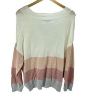 Pink Lily striped Pullover Sweater Long Sleeve V Neck Color Block Beige Large NW