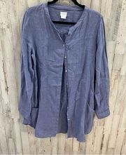 Sigrid Olsen Blue 100% Linen Button Front Tunic Lagenlook Top Pockets