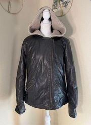 Levi Strauss & Co Brown Cream Faux Leather Hooded Moto Jacket Women's Medium