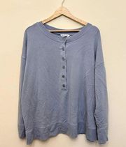 Athleta Sweatshirt Womens Size 2XL Modal Blend Blue Button Crewneck Boxy Comfy