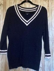 Chaps Classic Naby Blue Cable Knit Sweater with White Trim 3/4 Sleeves