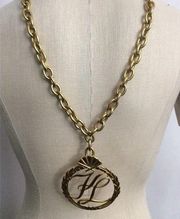 Vintage Karl Lagerfeld Goldtone Logo Medallion Necklace Hip Hop Rapper