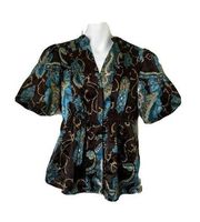 Size small women blouse shirt top Brown Blue‎ short sleeve 060101