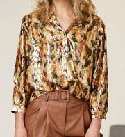 BA&SH Gaby Silk Metallic Blouse Ochre Gold Abstract Print 3/4 Sleeve Size XS