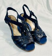 Women’s Easy Spirit Comfort Wedge Sandals Navy Studded Embellishments Size 8 1/2