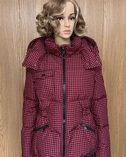 Women  Gingham Check Short Down Puffer Coat Jacket - Red/Black - Size Large