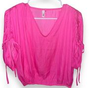 GLAM Pink Satin Women’s Top Size Medium Ruched Drawstring Vneck Elastic