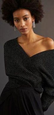 NEW Anthropologie Shimmer Surplice Wrap Sweater Black Metallic Silver Women's XS
