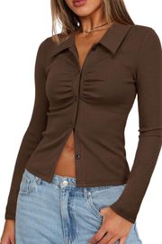 Darong Brown Women’s Long Sleeve Button Down Ruched Crop Top Shirts Going Out Tops Slim Fitted Y2K Tops