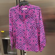 💕ALICE & TRIXIE💕 100% Silk Print Blouse ~ Blue and Pink Prink Medium EUC