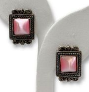 Vintage Victorian Style Square Frame Pink Cabochon Clip On Earrings