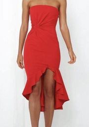 Night Shine Red Bodycon Strapless High Low Midi Dress, Size S