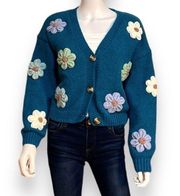 Debut Cropped Daisy Cardigan Sweater Teal Blue Women’s Size Small, NWT!