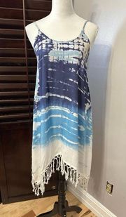 Womens Shift Dress Blue Tie Dye Scoop Neck Sleeveless Fringe Hem XS New