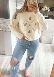 Thread & Supply Women's L Beige Compass PNW Graphic Crewneck Pullover Sweater