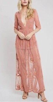 Honey Punch Sweet Pink Nude Floral Embroidered Lace Maxi Romper Boho Dress S