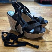 Lulus Esme Black Lace-Up Espadrille Wedges Sz 8