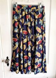 Vintage Susan Bristol Navy Straw Hat Print Pleated MIDI Skirt Grandmacore 12