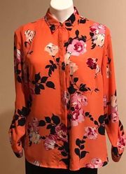 Apt 9 Womens Polyester Orange Pink Floral Hidden Button Down Shirt SZ. M