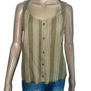 Olive Striped Sleeveless Buttoned Frayed Hem Top