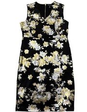 NEW Nina Leonard Dress Large Sleeveless Black Gold Silver Floral Polyester