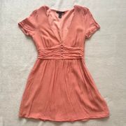 Shirred Button Loop Mini Dress Peach Coral Size Medium