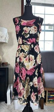 Talbots Silk Black Rose Flower Sleeveless Fit Flare Lined Dress Y2K Style Size 2