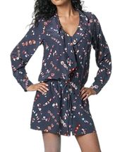 REBECCA TAYLOR SILK Mini Shirt Dress Cocktail Blue Floral Button Down Ruffles 8