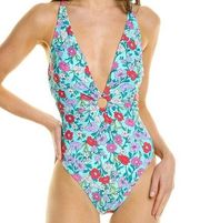 Nanette Lepore Swim Plunging Floral One Piece Swimsuit Light Blue Size 10