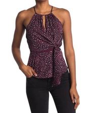 Parker  Burgundy Drape Front Halter Keyhole Printed Top Size Large NWT Large