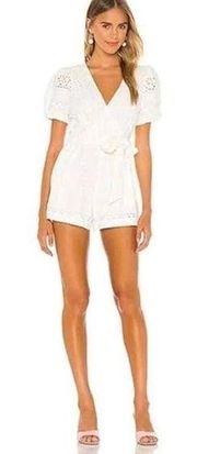 Alice + Olivia Women's White Eyelet Puff Sleeve Faux Wrap Romper