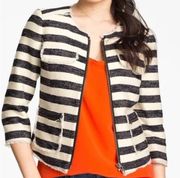 Halogen Tweed Nautical Striped Navy Blue & Ivory Cropped Blazer Size 0