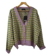 Pieces Curve ASOS Cardigan Sweater Womens Size Multicolor Plaid Lilac Check XXL