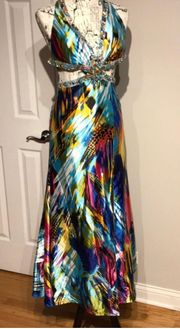 Multi Cocktail Prom Gown Slit Split Formal Evening Cutouts Embellished Crystal Beaded Crisscross Straps Satin Bright Tropical Funky Indie Colorful Coastal Coquette 