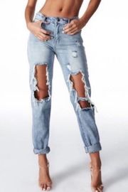 Lioness Blue Ripped Soft 100% Cotton Denim Boyfriend Jeans Size S