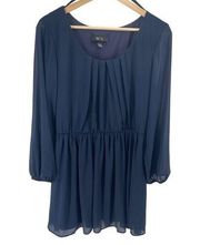 BCX Womens Long Sleeve Dress Pleated Mini Lined Chiffon Navy Blue Large