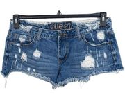 Rue 21 SZ 12 Jean Shorts Distressed Frayed Hem Medium Wash Whiskered Pocket Blue