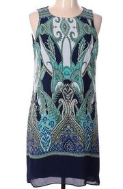 Rose + Olive  navy aqua and white paisley print shift dress size 10