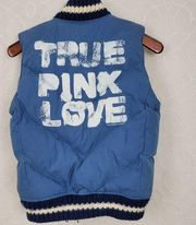 Victoria's Secret PINK Womens Vest Sz XS Blue Graphic Zip Up Quilted Down Puffer