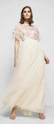 Needle & Thread Elsie Gown Embroidered Flowers Sequin Maxi Dress Ivory Pink 8