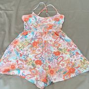 SO szS super soft gorgeous orange flowered/paisley print romper EUC