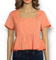 Midnight Sky Peach Orange Short Sleeve Linen Blend Crop Top Peplum Hem Size L