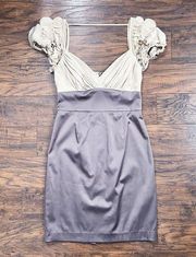 BLACK HALO • two tone cocktail dress sheath beige taupe chiffon ruffle sleeves