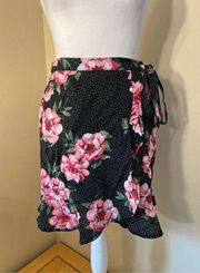 Planet Gold Black White Polka Dot w Pink Floral Faux Wrap Mini Skirt Small