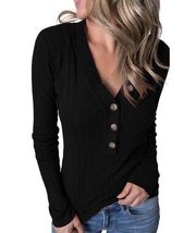 NEW Long Sleeve V Neck Ribbed Button Knit Sweater Black S