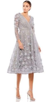 Mac Duggal Floral Embellished Surplice Neckline Long-Sleeve Tea Dress Size 10