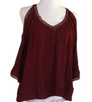 Tahari Cold Shoulder Boho Wine Lace Trim Blouse Top Size Medium