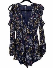 Lush Blue Floral Long Sleeve Cold Shoulder Romper