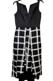 Milly Plaid Windowpane Sleeveless Satin Mixed Media MIDI Dress Black White 6