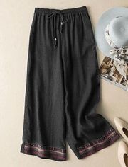 IZURIA | Black Geometric-Embroidered Drawstring Wide-Leg Linen-Blend Pants S